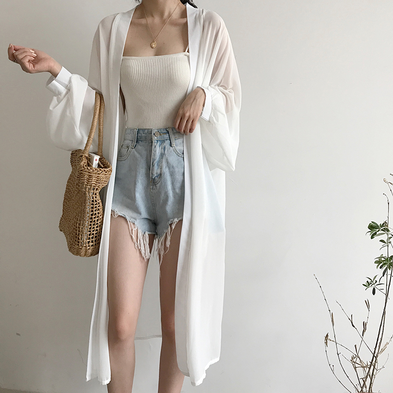 Super fairy sunscreen clothes, women's medium and long Chiffon cardigan, students wear shawl, ultra-thin coat, fashionable and loose