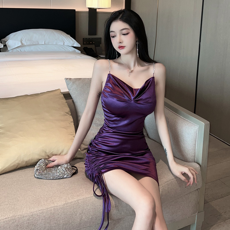 Real shot ~ Sexy purple imitation silk satin bright face slim fit hip drawstring suspender dress female dress