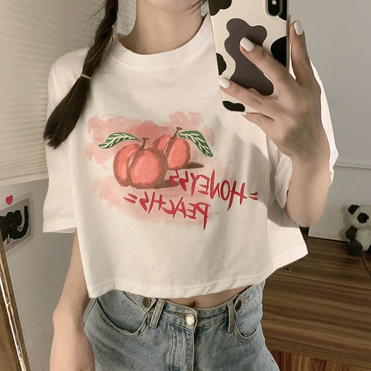 Hot girl style top summer new peach print chic short navel exposed short sleeve T-shirt bottom shirt
