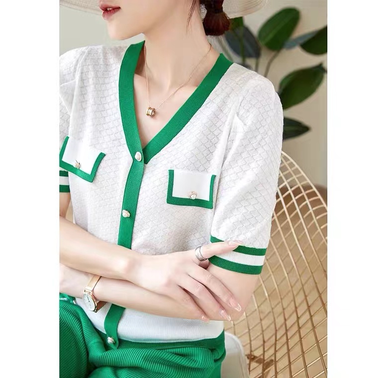 Small fragrance color contrast T-shirt women's ice silk sweater short sleeve summer thin V-neck Pullover jacquard hollow out Knitted Top