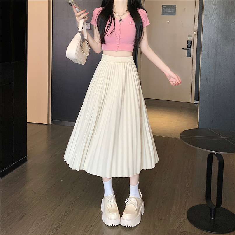 Real shot real price Slim pleated skirt high waist skirt mid-length skirt women