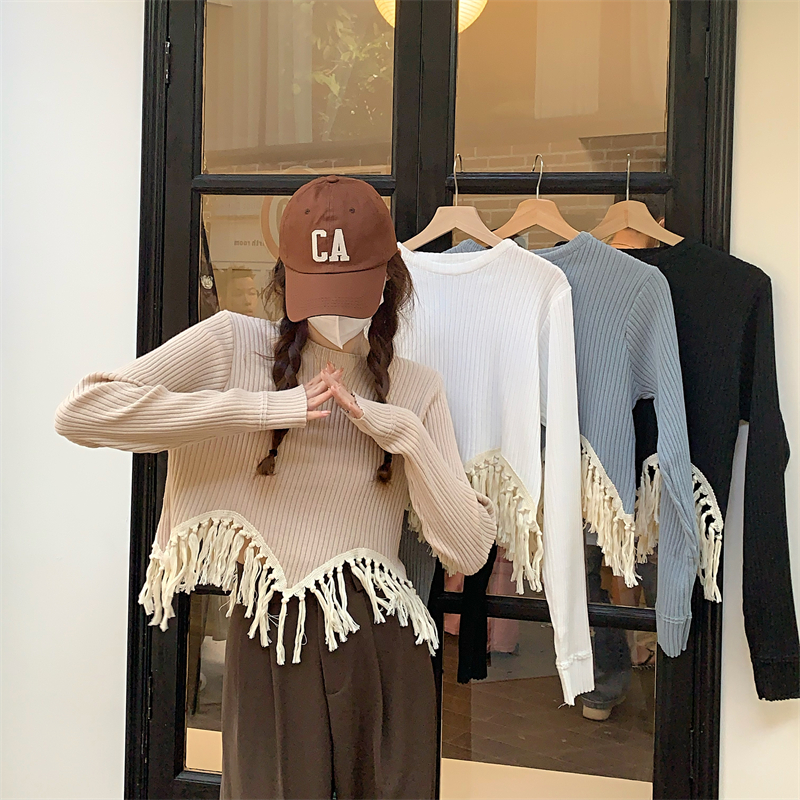 Actual shot, real price, new Korean style autumn and winter gentle loose tassel design niche short top sweater for women