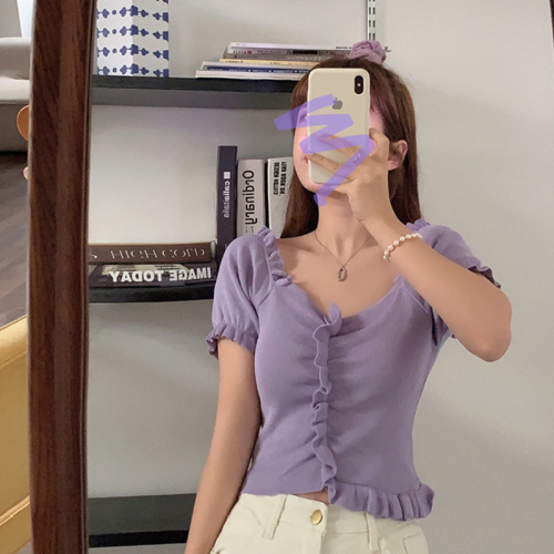 Summer 2020 new Korean style air wood ear edge pleated V-neck short sleeve T-shirt women's slim bottoming top