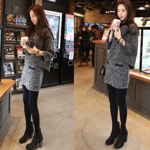 Spring and autumn and winter Korean women's dress two-piece suit hip skirt shows thin long sleeve dress top short skirt fashion
