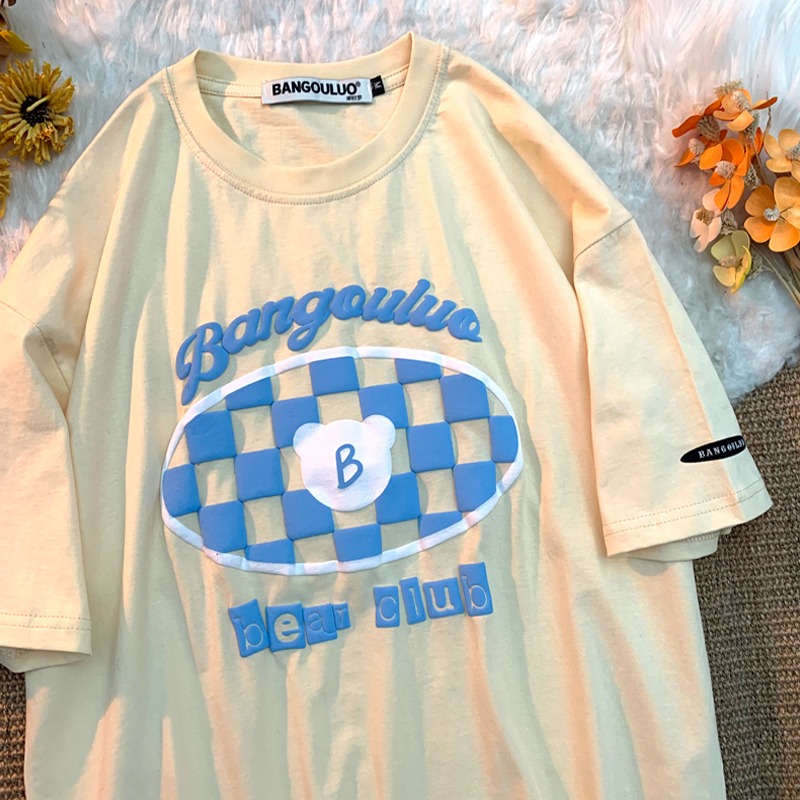 Real price 6535 cotton 2022 spring and summer new vintage chessboard lattice tide brand loose couple short sleeve
