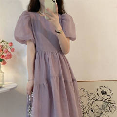 Bubble sleeve dress women's summer 2022 new style temperament slim waist mid length A-line skirt