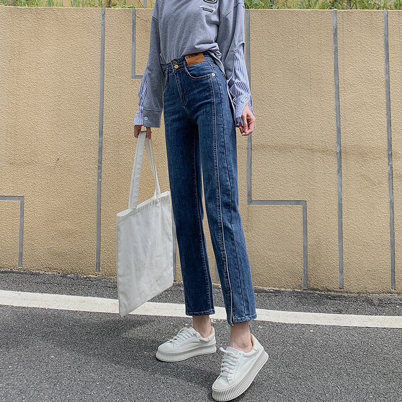Real shooting autumn high waist slim fit versatile elastic 9-point pipe pants split bone straight jeans women