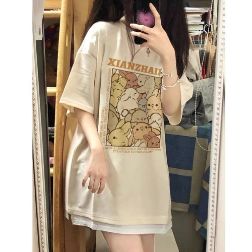 Official image Cotton wrap collar 2023 summer Korean style loose oversized top short-sleeved letter printed T-shirt trend