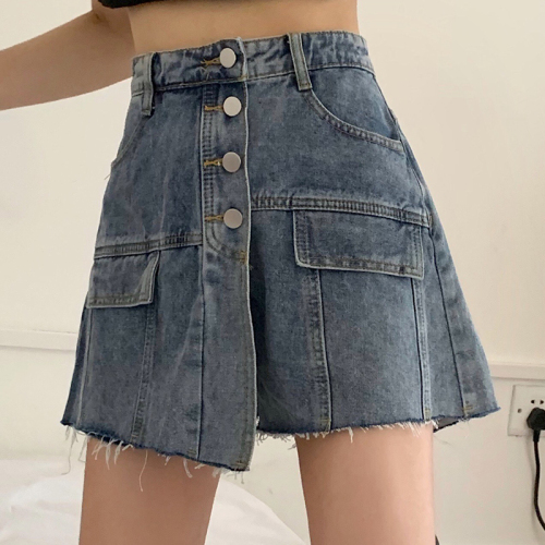 Real photo jeans skirt women's College style fake two piece wide leg loose pants summer skirt pants fashion high waist a-word trend
