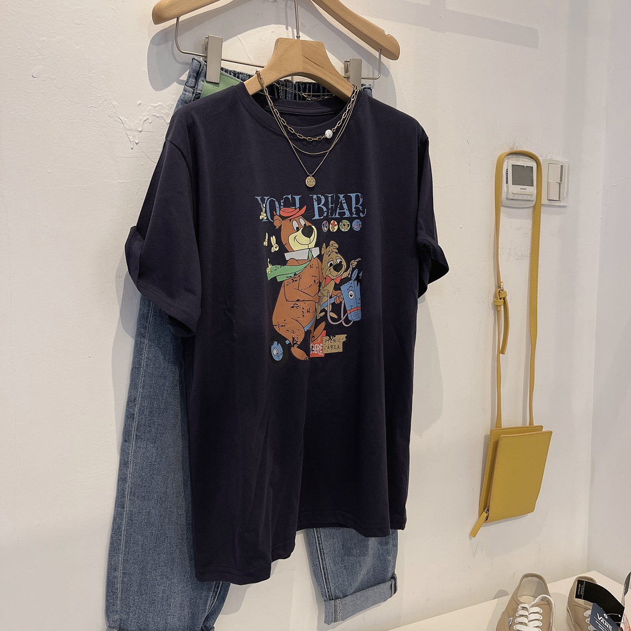 2022 summer new Korean simple bear cycling age reduction cartoon print large wrap collar short sleeve T-shirt