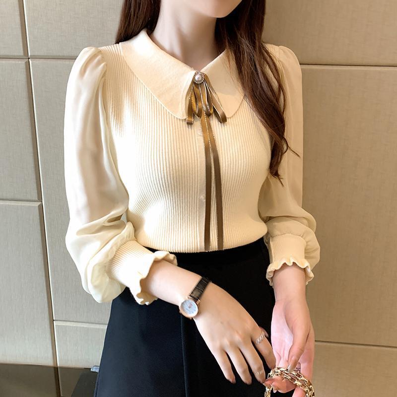 Puff-sleeved knitted sweater, spring and autumn style, long-sleeved knitted bottoming shirt for women, slim-fitting sweater, doll collar top