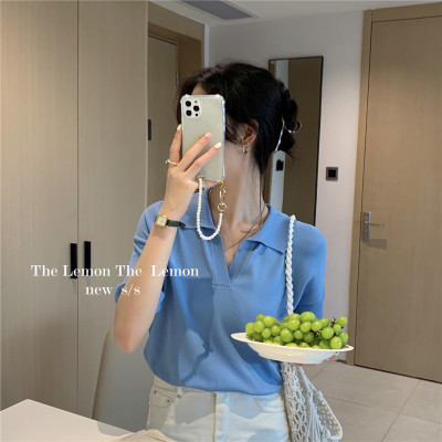Lemon green tea lemon yellow collar ice silk short sleeved knitted top for women in summer