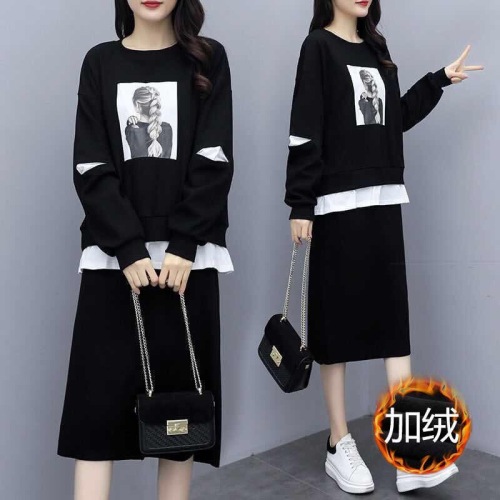 Plush / non plush cotton fall / winter 2020 large women's dress fat mm loose and thin two piece casual Skirt Set Fashion