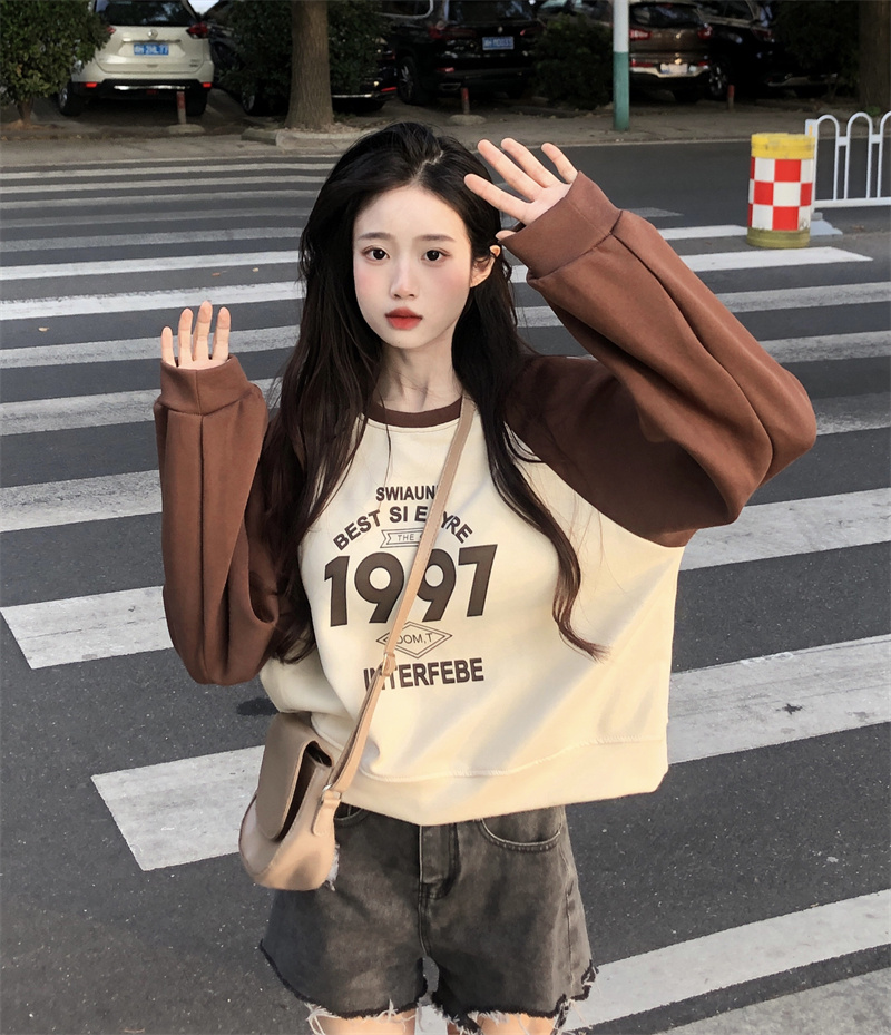 Real shot pure cotton sweet and spicy new women's round neck pullover colorblock print sweater female loose student colorblock top