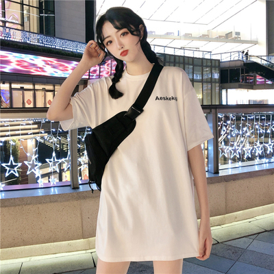Spring Korean 2020 new style original accommodation loose medium long letter printed black large version short sleeve T-shirt women ins