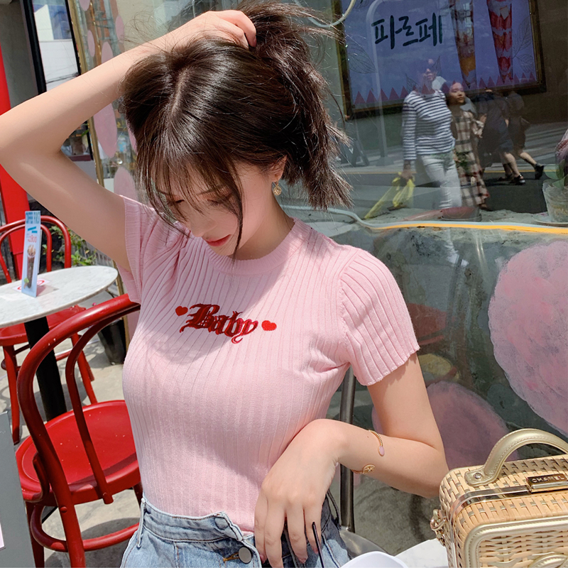 Lady Alice, Zhao Jing, pink tight thin T-shirt, short sleeve top, slim body, bottoming blouse, female Xia