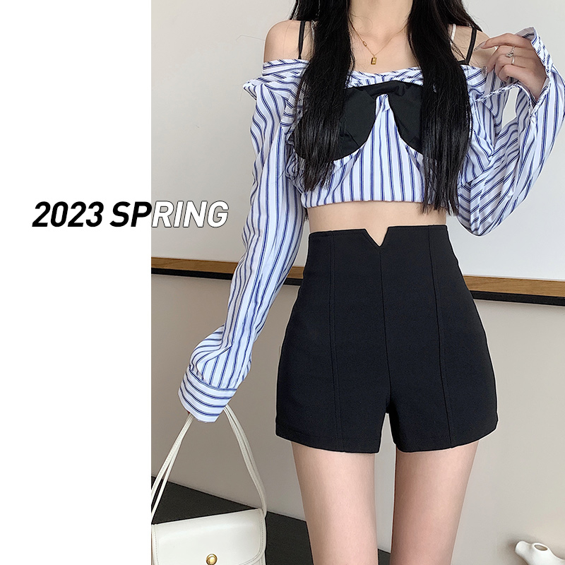 2023 new suit shorts women's spring and summer high-waisted elastic thin black loose wide-legged a-line outerwear hot pants