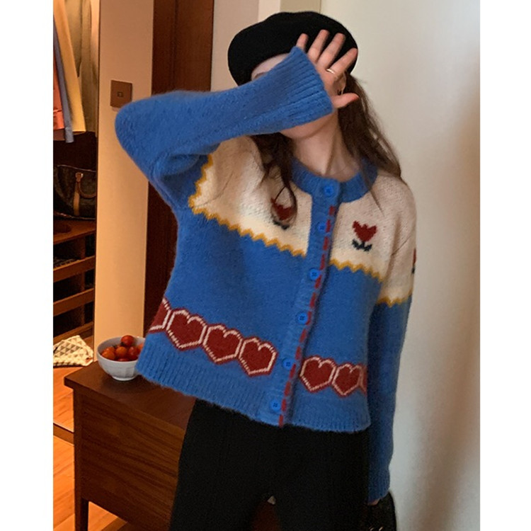 Im Xiang homemade Korean chic knitted cardigan top women's early autumn contrast Vintage jacquard sweater coat