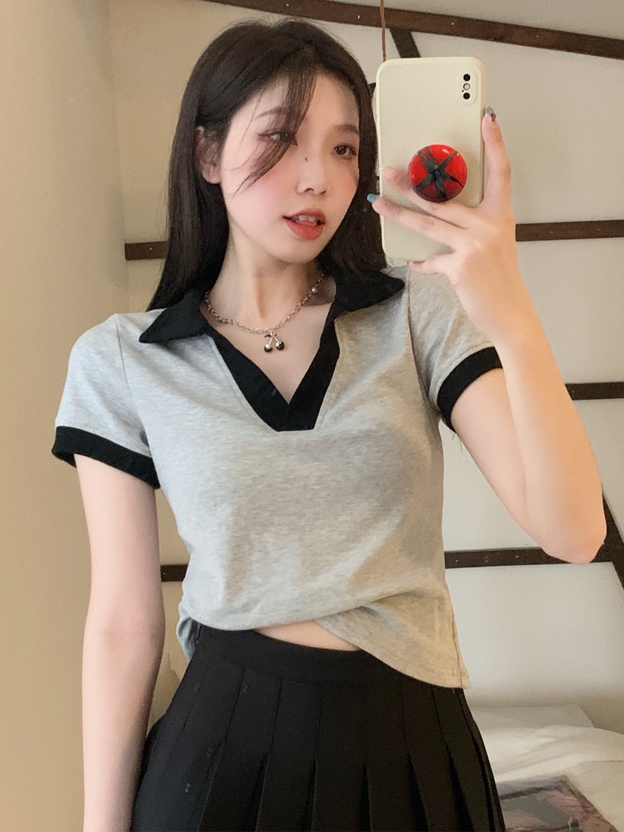 Real cotton 2022 new summer dress polo collar female slim short sleeve T-shirt V-neck Spice Girl versatile top