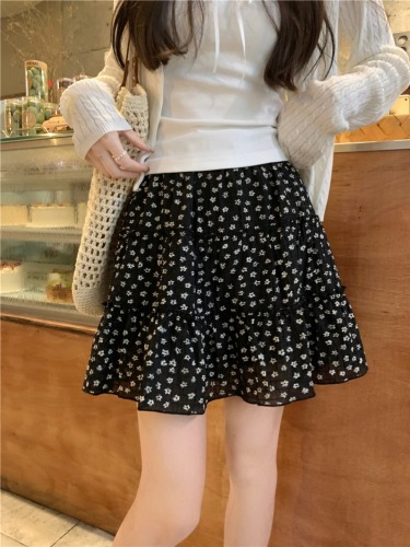 Original fabric floral skirt for women summer high waist A-line skirt sweet style cake skirt short skirt black skirt