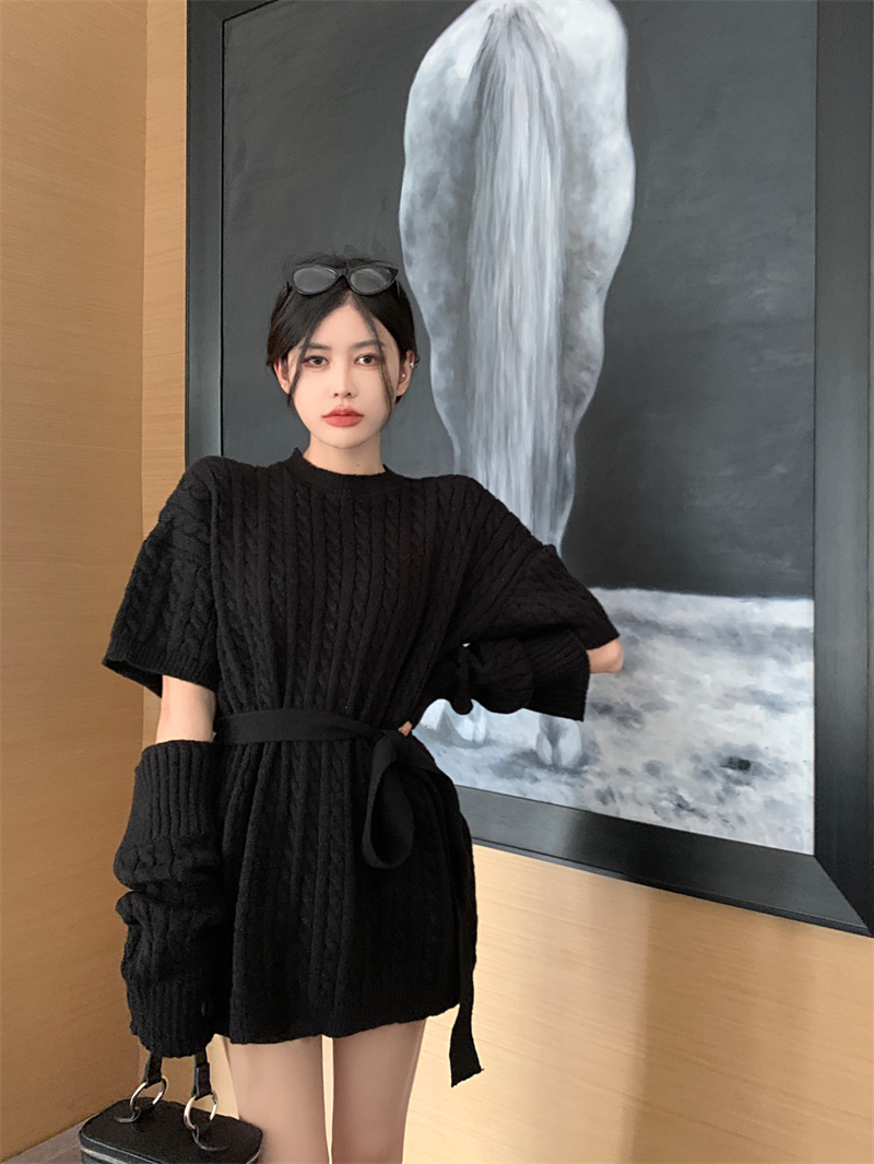 Real shot real price 3 colors/early autumn design sense twist belt two wear mid-length knitted sweater women