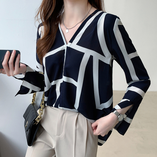 New women's autumn collar top women's design sense of minority print long sleeve small shirt foreign style shirt
