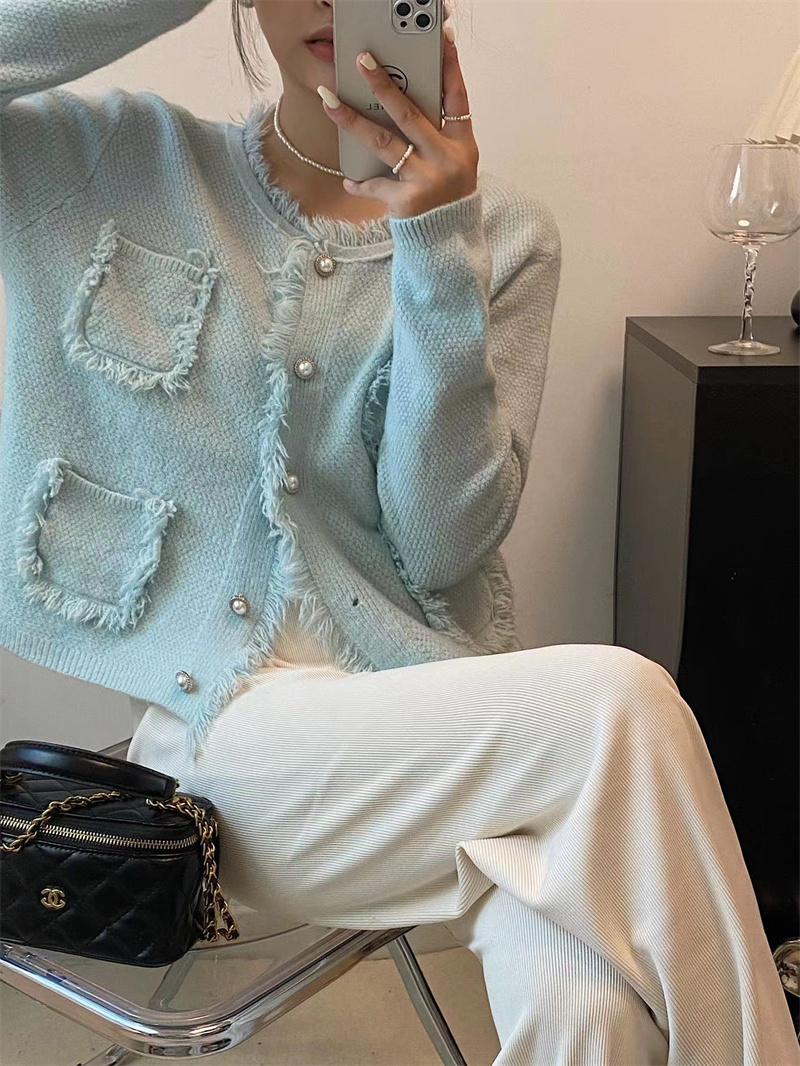 Real shot autumn new French cardigan round neck small fragrance knitted jacket