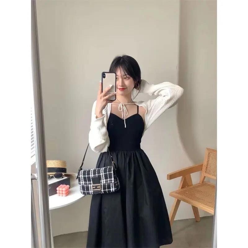 Simple and versatile knit cardigan + waist drawstring dress two piece set for women