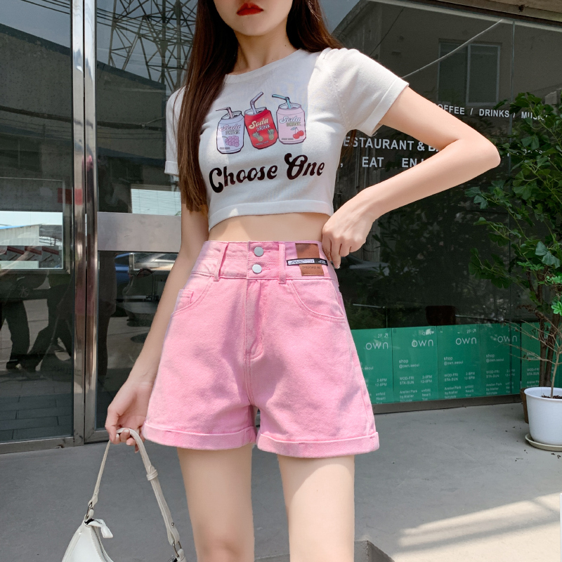 Real photo high waist pink denim shorts women's summer 2022 new high street fashion loose a-word thin hot pants