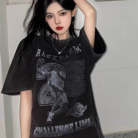 American retro distressed washed T-shirt for women 2023 summer loose and versatile ins national trend European and American street half-sleeve