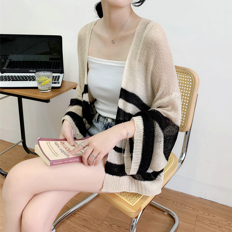 2022 new Korean mohair sweater long sleeve loose striped color matching sweater cardigan women's jacket