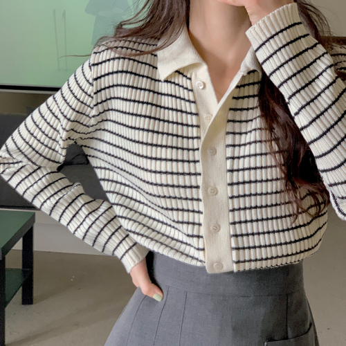 Real shot 2022 early autumn striped top sweater cardigan female Korean version ins wild Polo collar knitted cardigan
