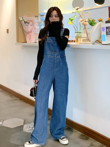 Suitable for hips and thighs thick straight denim overalls for women Korean style loose autumn style student retro large size wide leg pants