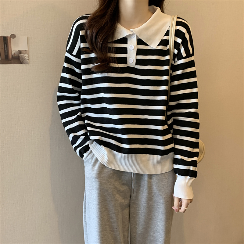 Real shooting, real price, new Korean stripe design, retro Japanese lazy style, Korean Polo Top, women's knitting