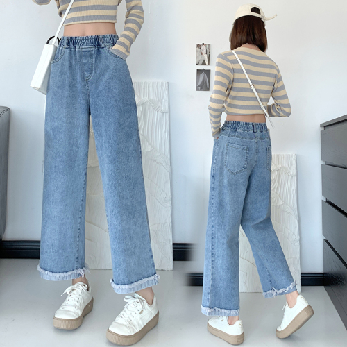 Real shot hip bone width suitable for straight jeans women's high waist slim nine-point pants chic Hong Kong flavor rolled edge pants trendy