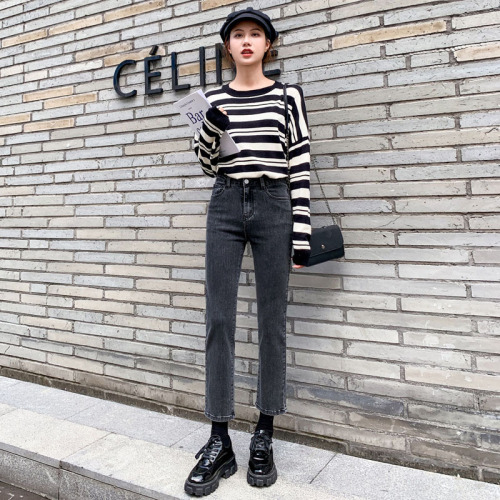 Real shot 2020 new online Red Korean high waist elastic straight tube jeans for women with autumn skinny jeans