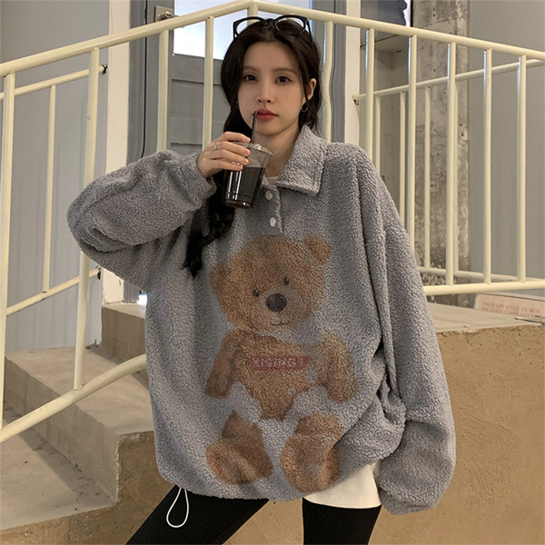 Lamb cashmere real shot American retro bear lamb wool polo collar sweater female autumn and winter