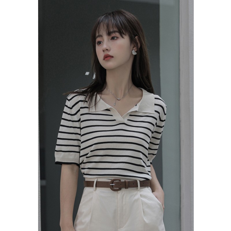 Striped Polo Shirt Lapel short sleeve T-shirt women's summer thin loose V-neck design sense of minority ice silk knitted top report price