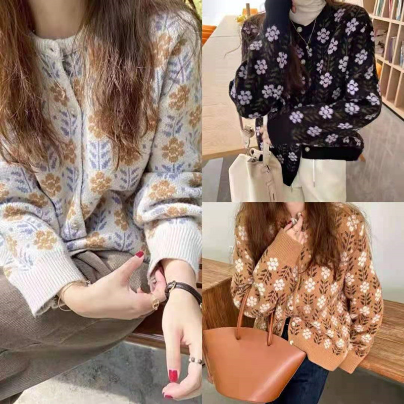 Spring and autumn 2021 new Korean version of exotic flower round neck sweater women wear lazy style knitted cardigan coat