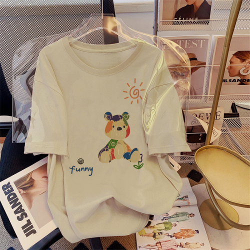 Real shot combed 100% cotton summer short-sleeved T-shirt women's printed loose Korean summer top