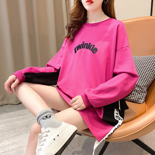 Real shot ~ 75 polyester fiber 25 Cotton autumn Korean loose large medium length color matching thin Pullover Sweater for women