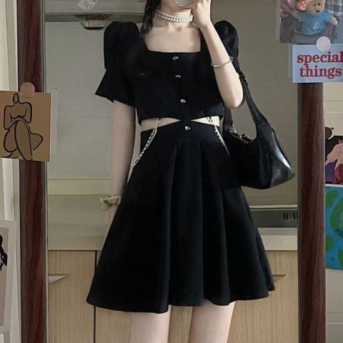 French dark style careful machine exposed waist black dress female summer small waist slimming sweet cool hot girl skirt