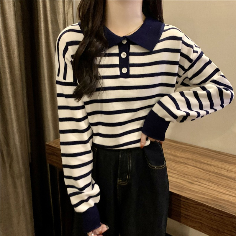 Loose knitted polo shirt thin section shoulder long-sleeved t-shirt women's trendy design sense niche spring and autumn inner bottoming shirt