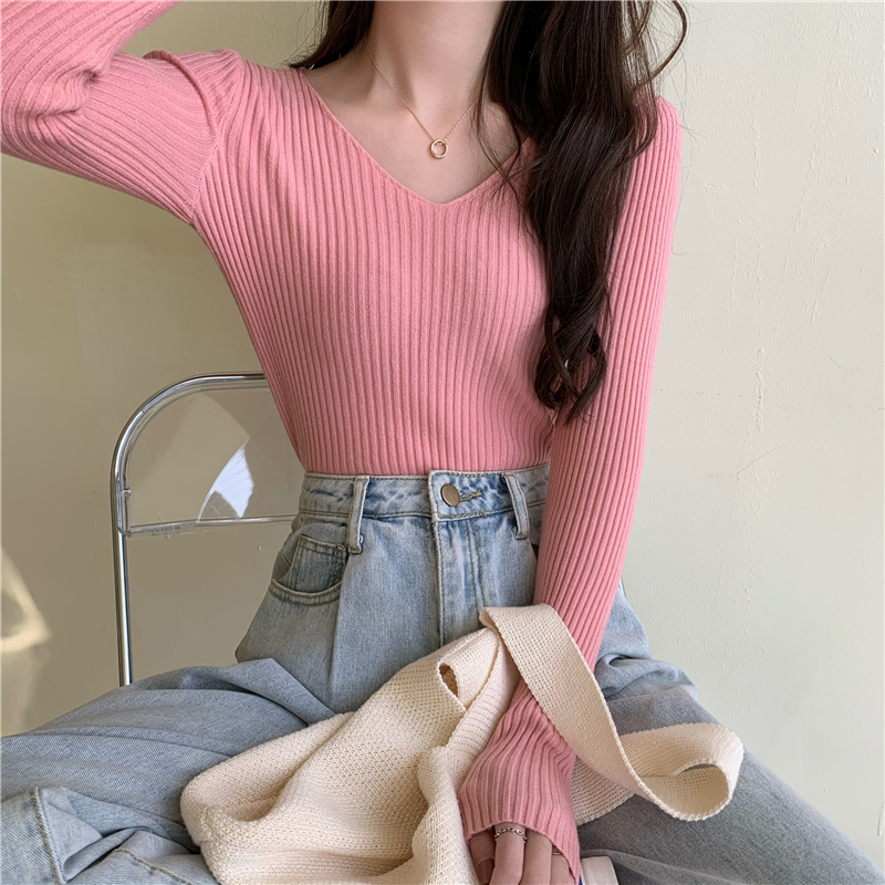 Real shot of the new V-neck long-sleeved bottoming knitwear all-match slim pullover sweater women