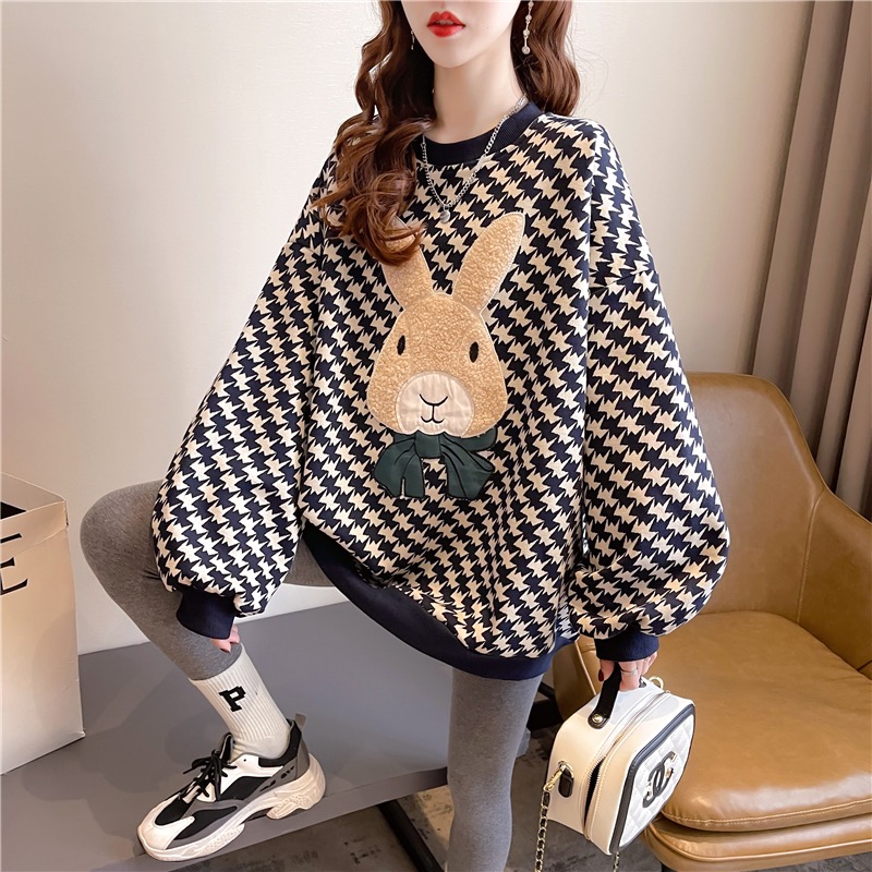 Actual shooting of spring clothes new Korean round neck lattice cartoon loose medium and long size women's wear thin long sleeve T-shirt women