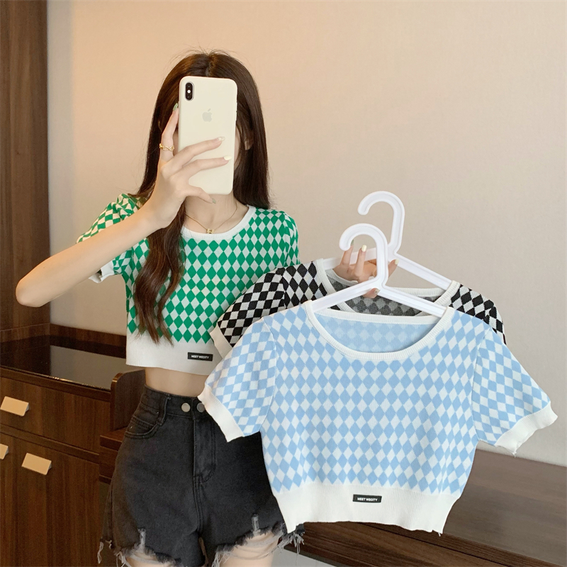 Real shot real price niche Lingge front shoulder short-sleeved knitted T-shirt babes short style chic unique top