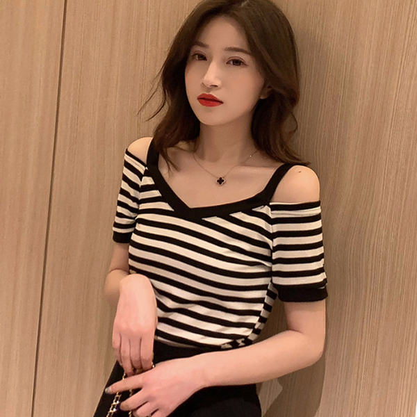 New Korean style off shoulder Halter stripe slim knit shirt