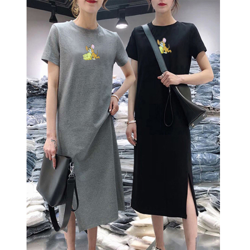 Summer short sleeve dress casual belly covering large women's loose medium length knee over bottomed T-shirt skirt