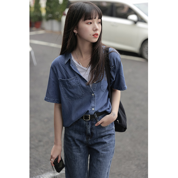 Real shooting double pocket Tencel material denim shirt women's short sleeve spring thin new top loose shirt