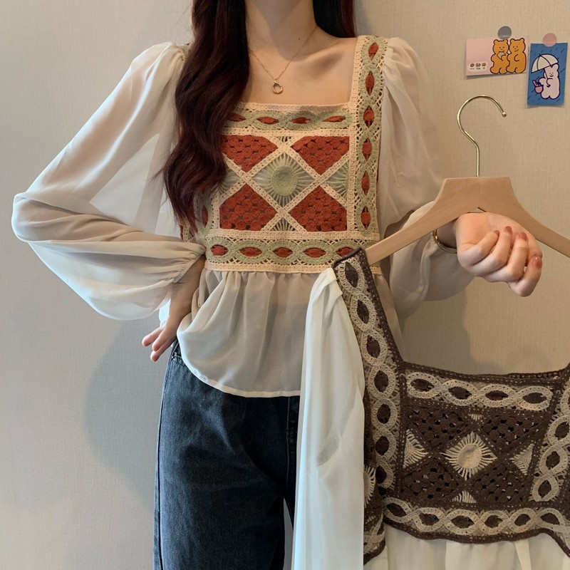 Real price real shooting new retro square collar design sense splicing contrast Lace Chiffon Lantern Sleeve sunscreen shirt